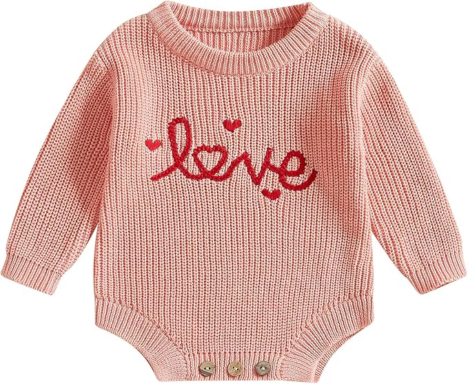 Lesimsam Newborn Baby Boy Girl Valentines Day Outfit Oversized Embroidery Long Sleeve Knit Sweater Bubble Romper Bodysuit