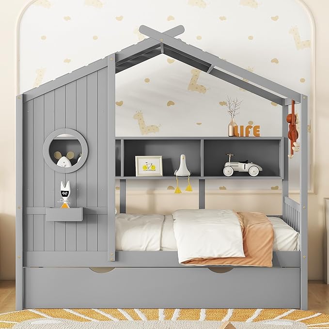 Merax Wood Twin House Daybed with Trundle & Book Shelf, Low Sofa Day Bed for Boys Girls No Box Spring Needed Gray