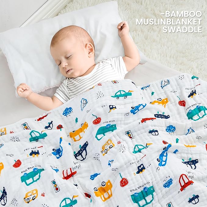 Luxury Muslin Baby Blanket, Cozy Swaddle, 6-Layer Cotton Receiving Blanket for Newborn Infant, 43x43 Inch Lightweight Breathable Crib Blanket, Nursery Stroller Toddler Quilt, Car Family