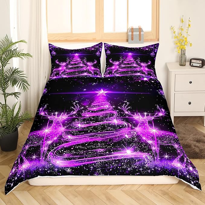 Manfei Christmas Tree Duvet Cover Set King Size Purple Twinkling Deer Comforter Cover Western New Year Bedding Set 3pcs for Kids Boys Girls Christmas Theme Quilt Cover with 2 Pillowcases,No Comforter