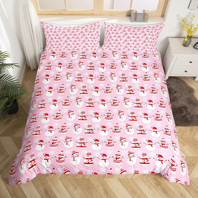 Christmas Bedding Duvet Cover Set Kids Cartoon Christmas Snowman Bedding Set Boys Girls Decor Snowflake Comforter Cover Set Microfiber Pink Xmas Theme Bedspread Cover Bedroom Bedclothes Toddler Size