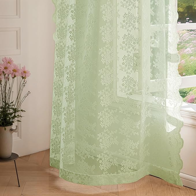 Anmao Vintage Lace Curtains 102 Inches Long 2 Panels, Romantic Semi Sheer Floral Lacy Curtain for Living Room, Elegant Window Drapes for Bedroom, Each 55W x 102L, Light Green