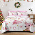 Christmas King Size Quilt Set, Pink Winter Funny Santa Claus Lightweight Bedspread Coverlet with Pillow Shams for Kids and Adults, Cute Reindeer Plants 3 Pcs Bedding Bed Cover