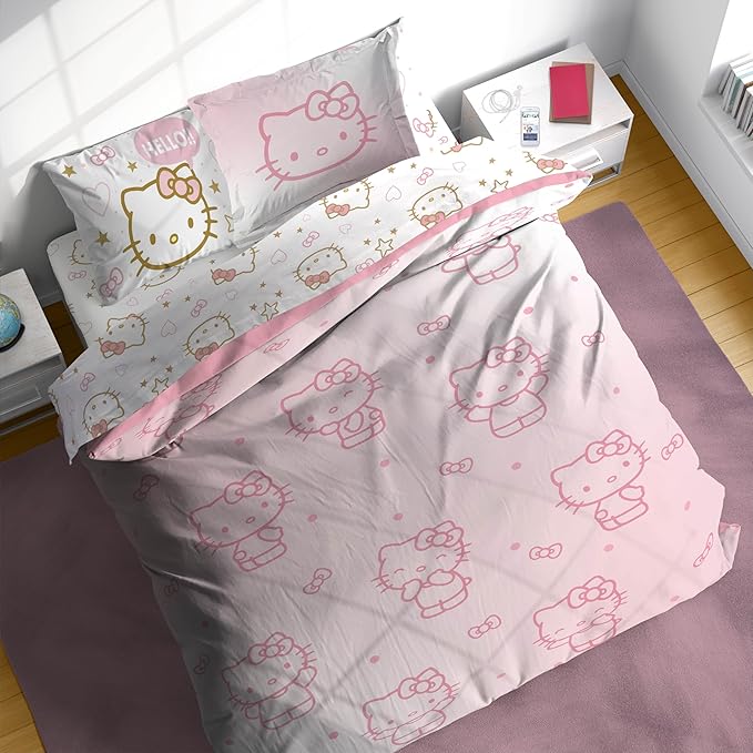Jay Franco Hello Kitty Queen Comforter Set - 7 Piece Bedding Includes Sheet Set & Pillow Covers - Super Soft Pink Bedding