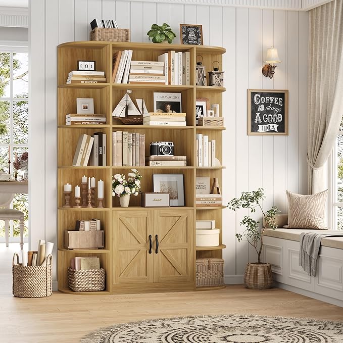 HOSTACK 75" Tall Book Shelf and Bookcase, 6 Tier Bookshelf with Storage, 47" Wide Bookcase with Door, Freestanding Wood Display Shelves with Book Storage Cabinet for Office, Living Room, Natural Oak