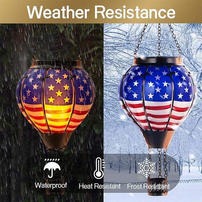 Larekook Solar Hot Air Balloon Lantern with Flickering Flame Light,Glass Outdoor Garden Decor,Hot Air Balloon Solar Lantern Outdoor Waterproof Hanging Light for Yard Patio Porch Lawn(American Flag)