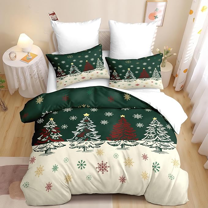Christmas Duvet Cover Queen Size Green Christmas Tree Bedding Set 3 Pcs Kids Boys Girls Xmas Holiday Cartoon Snowflake Comforter Cover with Zipper Closure (No Comforter)