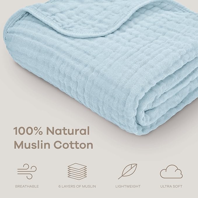 Comfy Cubs Muslin Baby Blanket - Soft, Lightweight, 6-Layer Cotton Swaddle Blankets for Newborns, Infants & Toddlers - 40" x 40" Large, Breathable & Versatile for Sleeping & Tummy Time - Sky Blue