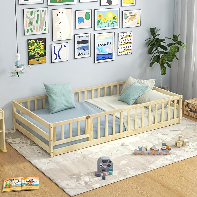 Giantex Twin Floor Bed with Door & Fence, Kids Wood Montessori Beds with Safety Guardrails, Floor Bed Twin for Kids, Boys, Girls, No Box Spring Needed, Natural