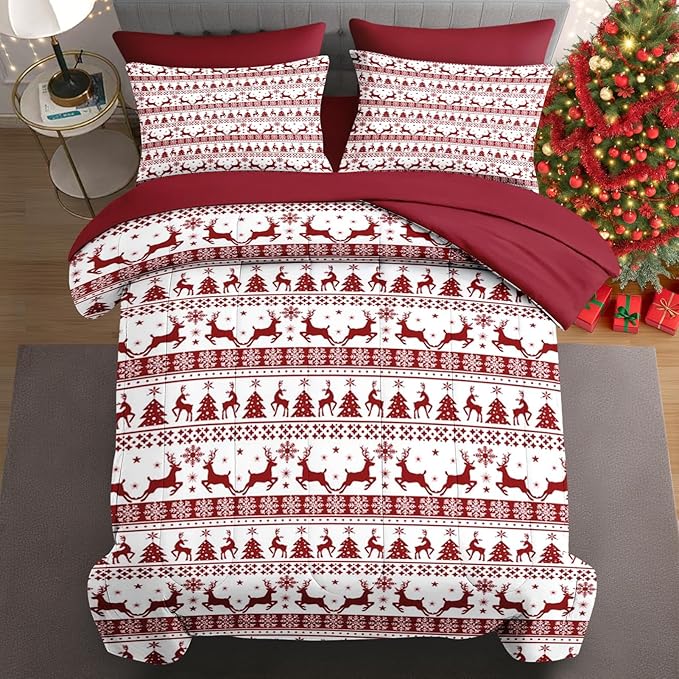 7 Pcs Queen Size Christmas Comforter Set with 2 Pillowcases & 2 Shams, Red Winter Funny Reindeer Bedding for Kids and Adults, Pine Tree Snowflake Bed in a Bag with Flat Fitted Sheet