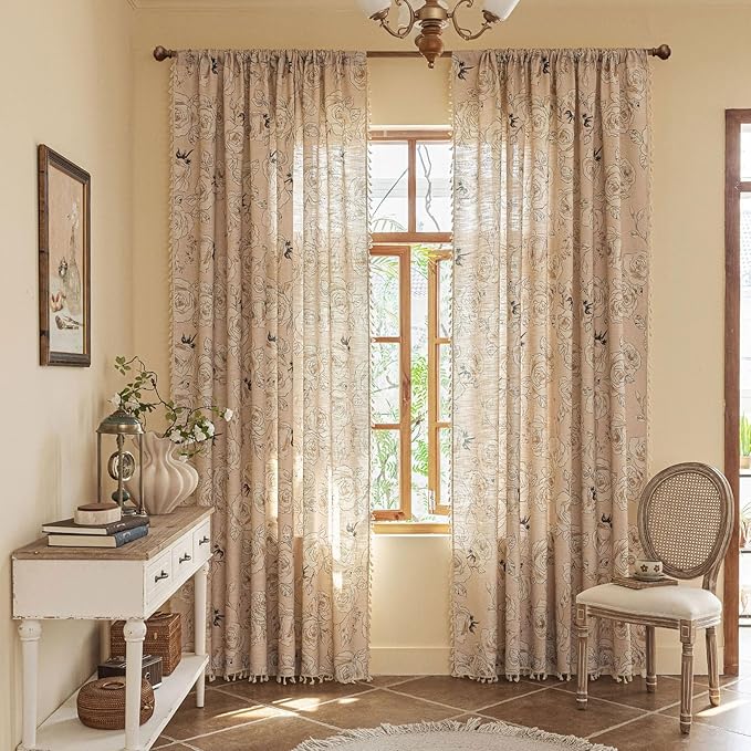 ENJOYBRIDAL Floral Curtains 63 Inches Long 2 Panels Set Coquette Rod Pocket Drapes Short Boho Bedroom Semi Sheer Window Curtain Panels Farmhouse Living Room Rose Decorations Tassel Window Treatments