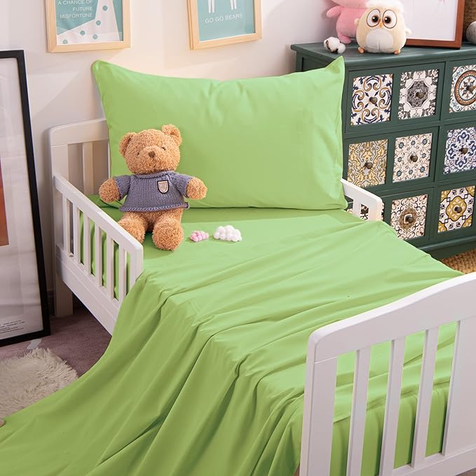 NTBAY Toddler Sheet Set - 3-Piece Microfiber Crib Sheet Set - Flat Sheet, Fitted Sheet, Pillowcase - Solid Toddler Bedding, Green