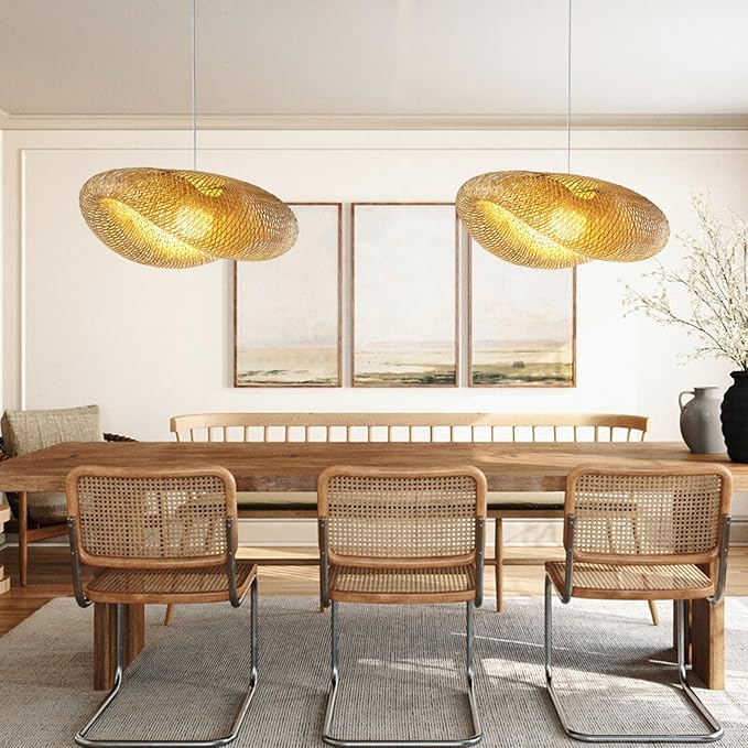 Bamboo Chandelier 32.25 Inch Extra Large Rattan Chandelier, Hand Woven Bamboo Rattan Pendant Lights Wicker Hanging Light Fixture with Adjustable Height for Kitchen Island Living Room Dining Room Bar