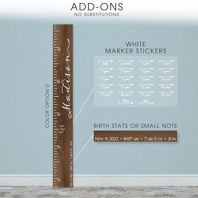 Wooden Kids Growth Height Chart Ruler for Boys and Girls Painted or Engraved (Classic Script)