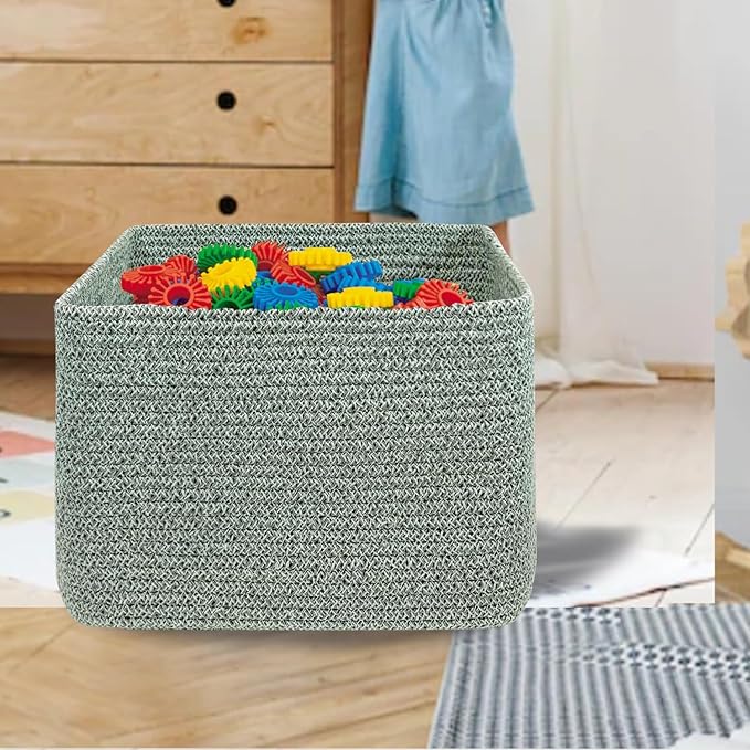 Rectangular Woven Cotton Rope Basket for Organizing, Gift Baskets for Handles, Empty Gift Baskets, Medium Rope Basket|13.5" x 11" x 9.5" home decor for Living Room, Bathroom(Green)