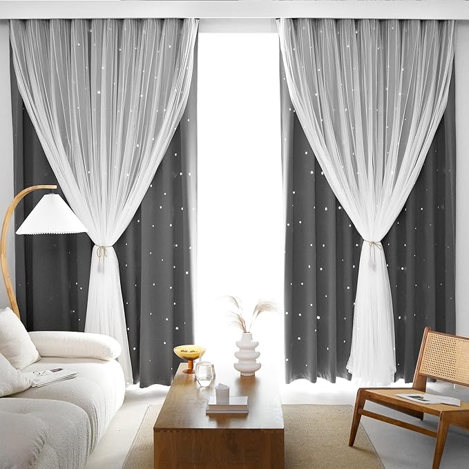 Kinryb Grey Star Curtains for Bedroom Star Hollow Out Blackout Curtains for Kids Room Decor Double Layer Cut Out Window 2 Panel with Tiebacks 52W x 84L Grey