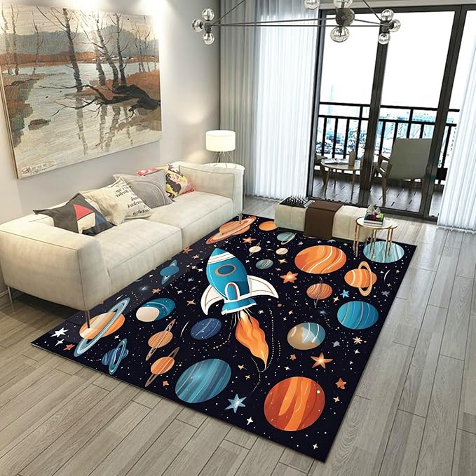 5' x 7' Space Rocket Rug for Kids Bedroom Cartoon Planet Stars Rugs Galaxy Carpet Printed Throw Rugs for Boys Children Living Room,150x210cm