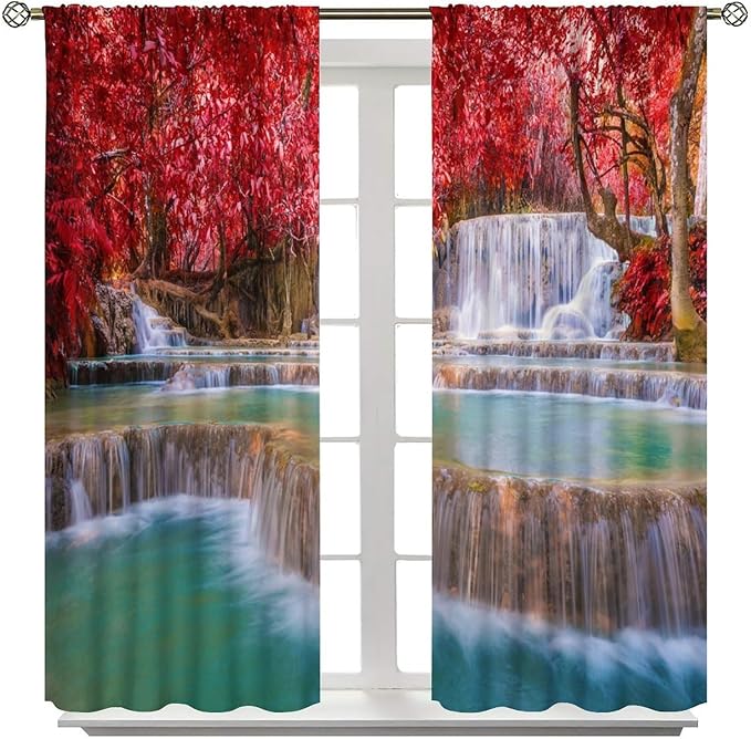 Natural Landscape Waterfall Blackout Curtains, Scenic View Waterfall Forest Autumn Window Drapes, for Bedroom Living Room 63" W X 63" L