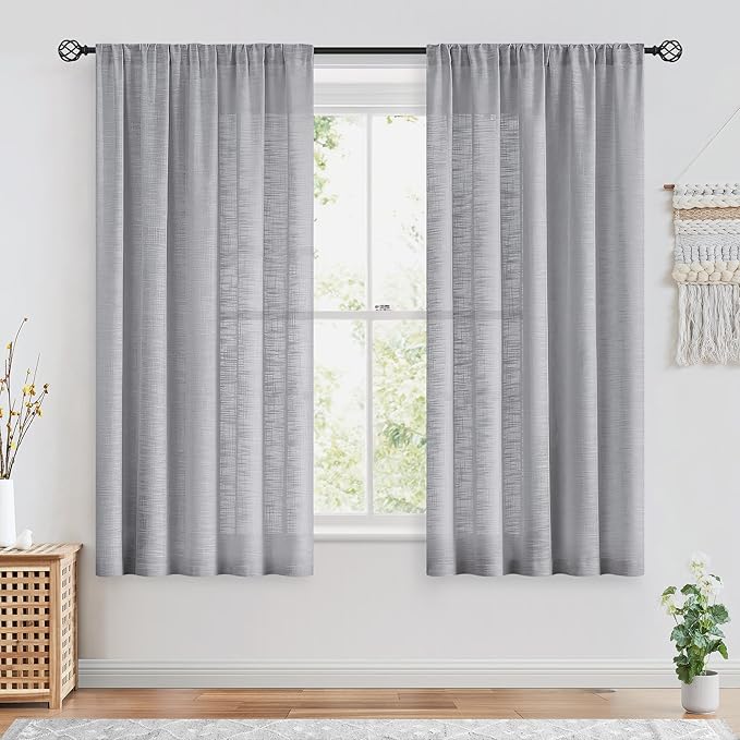 FMFUNCTEX Linen Semi Sheer Curtains 54 Inch Length for Bedroom Living Room, Grey Curtain Panels Sheer Linen Textured Window Drapes Farmhouse Light Filtering Gray 2 Panels Rod Pocket