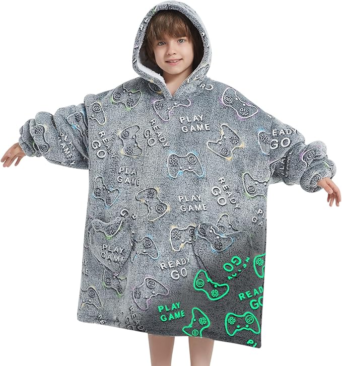 Fiosnow Glow in the Dark Game Controller Blanket Hoodies for Kids 6-13YR Oversize Wearable Blanket Hoodies for Boys Girls Teens
