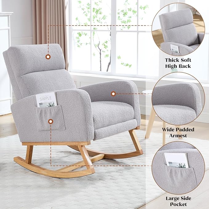 Rocking Chair Nursery with Foot Rest, Teddy Nursing Rocking Chairs for Mom Nursery, Rocker Glider Chair with Footrest for Living Room, Bedroom, Light Gray