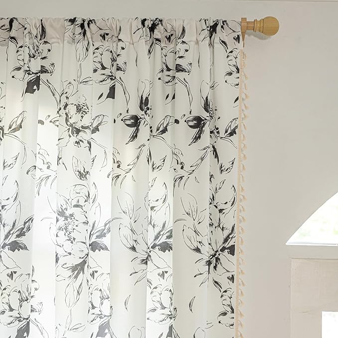 ENJOYBRIDAL Floral Curtains 96 Inches Semi Sheer Living Room Drapes Boho Bedroom Rod Pocket Long Window Curtain Panels Cute Patterned Light Filtering Farmhouse 2 Panels Window Treatments