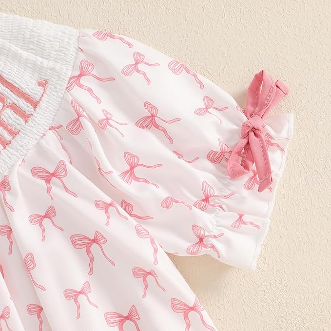 Newborn Baby Girl Romper Mamas Mini Bow Plaid Print Puff Sleeve Smocked Bubble Romper Jumpsuit Bodysuit Clothes
