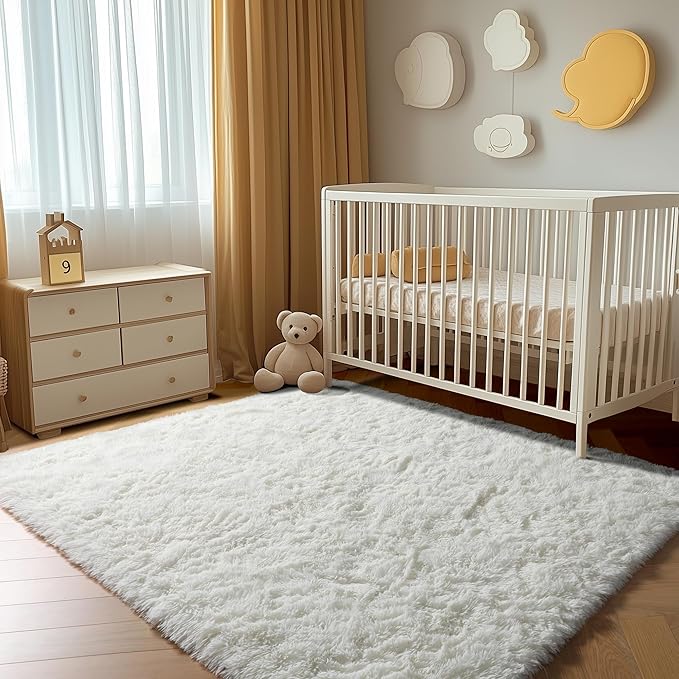 ONASAR Cream White Rugs for Living Room Bedroom, 5x8 Washable Fluffy Bedside Area Rug, Soft Plush Shaggy Indoor Floor Carpet for Nursery Kids Girls Boys Teen Dorm Home Office Decor Aesthetic