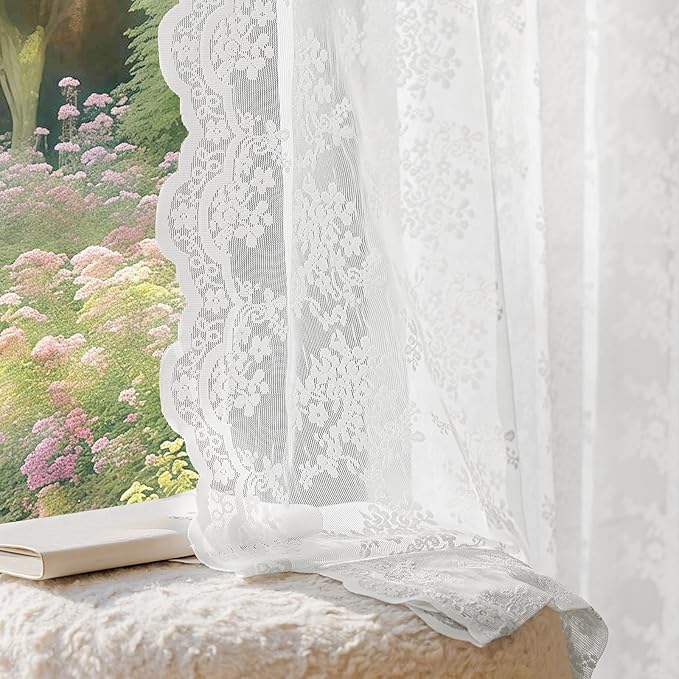 Anmao Vintage Lace Curtains 90 Inches Long 2 Panels Set, Romantic Elegant Light Filtering Semi Sheer Floral Thick Lacy Curtain Drapes for Living Room and Bedroom, Each Panel 55W x 90L, Bright White
