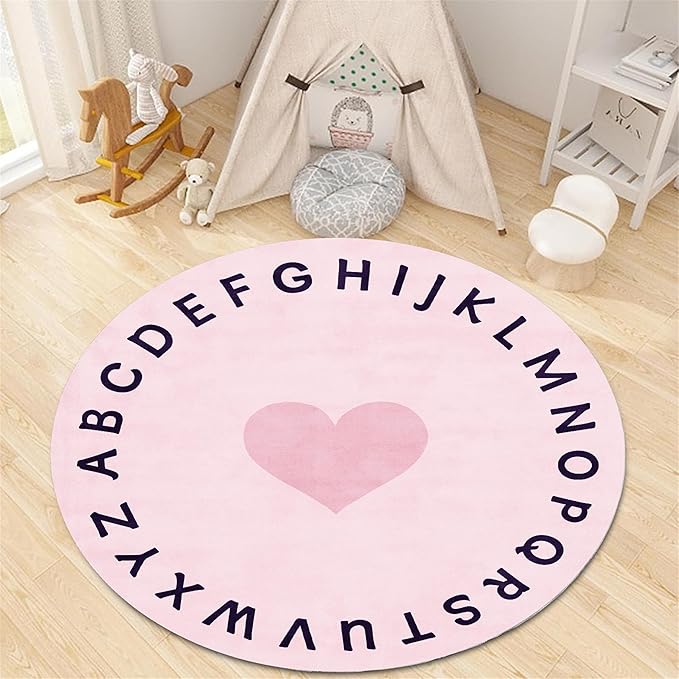 Super Soft Pink Round Rug,4ft,Children's ABC Letter Educational Learning Rug, Non-Slip Washable Nursery Rug, Children's Crawling Play Mat, Suitable for Boys And Girls Bedroom Playroom Decoration
