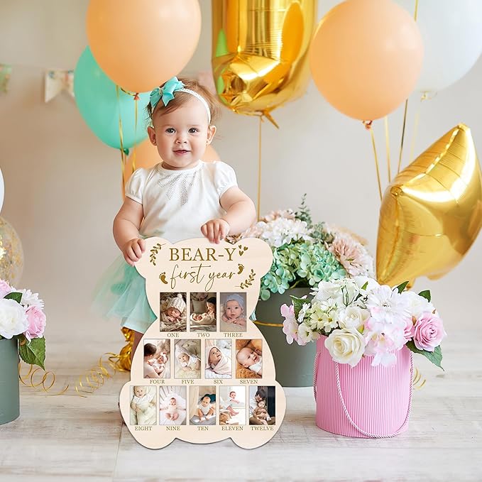 Bear My First Year Photo Board, Bear-Y Baby Milestone Signs for Boys Girls Nursery Decor, 12 Month Pictures for Baby First Year, Picture Board for 2x3 Photos, Best Babies Keepsake Gifts-A27