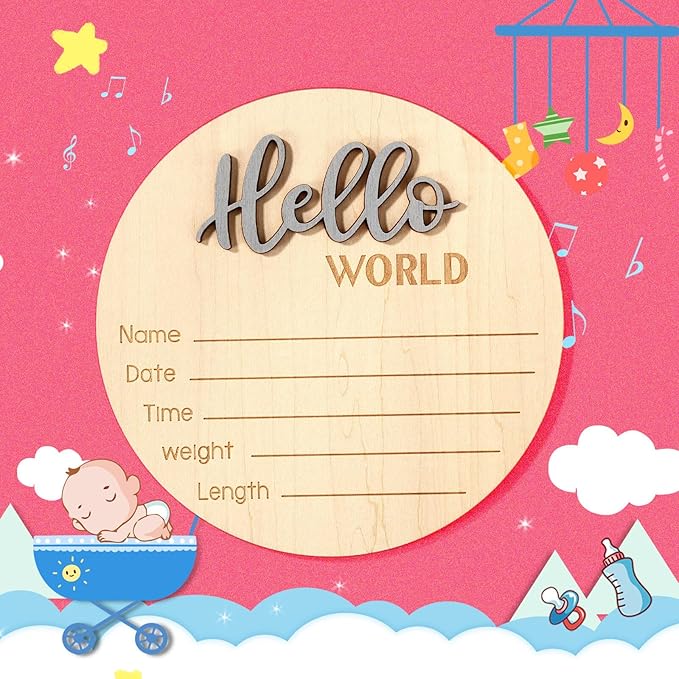 Newborn Announcement Sign, 5.9in Wooden Hello World Baby Welcome Sign Birth Plaques for Newborn Girls Boys Photo Props Baby Shower Hospital Nursery(Grey)