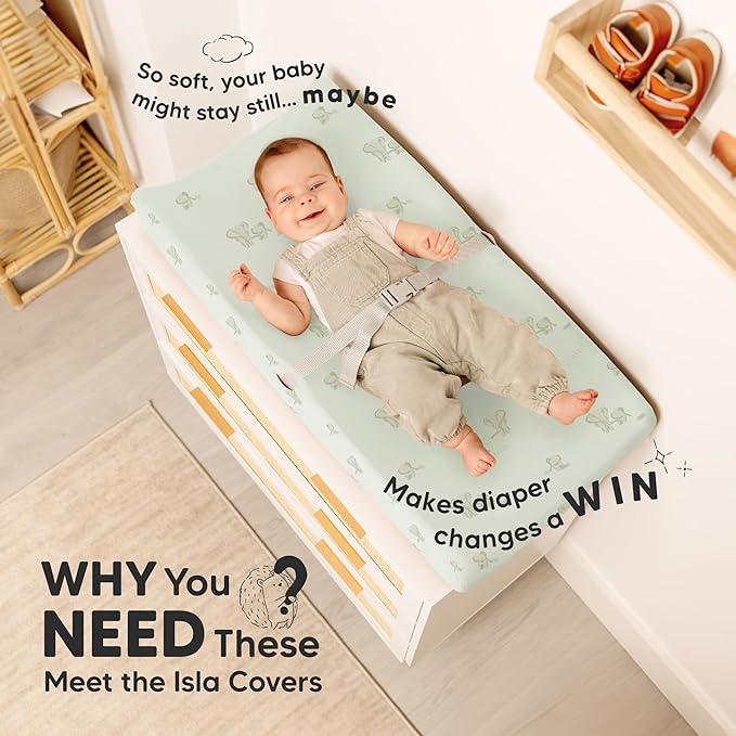 2-Pack Baby Changing Pad Cover for Girl, Boy - 32x16 Soft Viscose Derived from Bamboo Baby Diaper Changing Table Pad Cover Sheets, Neutral, Snug Fit Nursery Diaper Change Sheets (Elly)