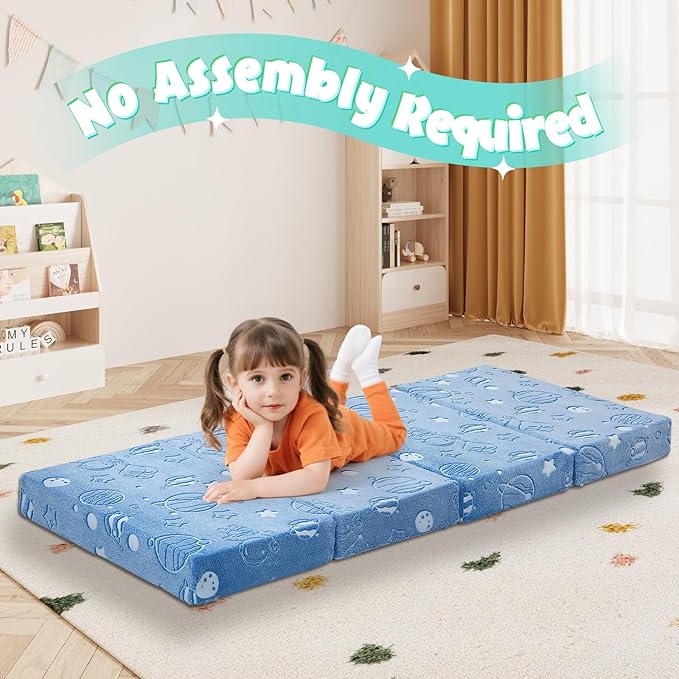 MeMoreCool Foldable Floor Mattress for Kids, Glow Toddler Nap Mat for Sleeping and Daycare, Portable Trifold Futon Mattress Floor Bed, Blue Space