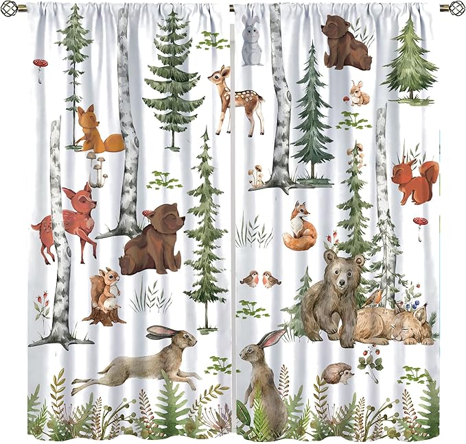 Animal Kids Curtains, Woodland Squirrel Rabbit Bear Animal Friends Forest Curtains for Boys and Girls Bedroom Living Room Kitchen 42x45 Inch