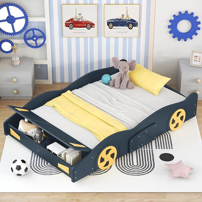 Harper & Bright Designs Full Size Race Car-Shaped Platform Bed with Wheels and Storage, Dark Blue+Yellow