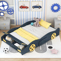 Harper & Bright Designs Full Size Race Car-Shaped Platform Bed with Wheels and Storage, Dark Blue+Yellow
