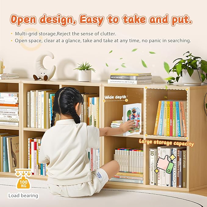 8 Cube Storage Organizer, Cubby Storage Organizer, Cube Shelf with Back Plate, Wooden Kids Bookcase for Toy, Solid Wood Cube Storage for Living Room/Bedroom/Hallway/School, Easy to Install