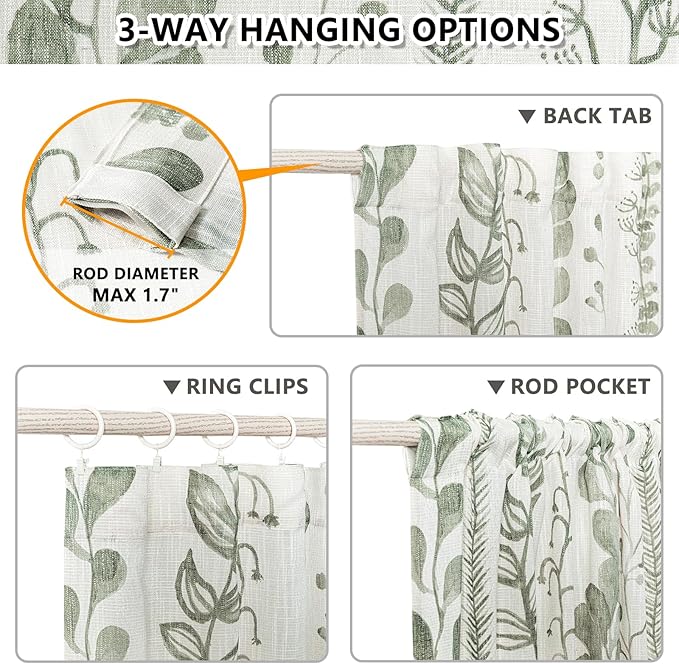 MEETSKY Sage Green Curtains 72 Inches Long 2 Panels Boho Curtains for Living Room Light Filtering Patterned Drapes for Bedroom Linen Style Back Tab Leaf Print Window Treatment, 50” Wide Each Panel