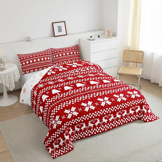 Feelyou Red Christmas Bedding Set for Kids Boys Girls King Size Xmas Deer Decor Comforter Set Ultra Soft Xmas Snowflake Comforter Winter Duvet Quilt Bedroom Decor Christmas Decor Quilt
