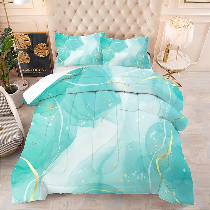 Teal Twin Bedding Set: Aqua Teal Marble Comforter Set for Teens Girls Women Abstract Cyan Blue Quilts Green and Gold Glitter Marbling Bed Sets 1 Comforter & 1 Pillow Case