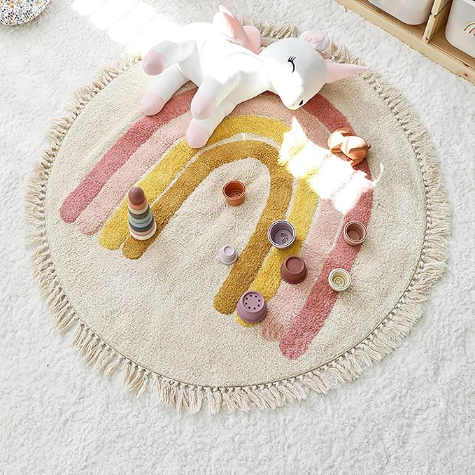 Rainbow Tassels Soft Area Rug for Girls Kids Room Washable Artificial Wool Bedroom Living Room, Kid Round Carpet Rainbow Pattern, Non-Slip Indoor Floor Carpet Home Decor, 4 Feet