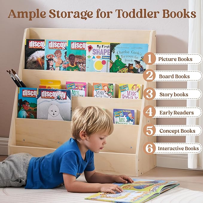 Montessori 5-Tier Kids Bookshelf, Wood Toddler Book Display Shelf & Baby Book Rack for Playroom, Nursery & Children's Room