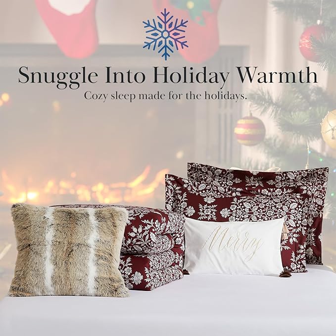 Southshore Fine Living, Inc. 4-Piece Christmas Bedding Twin Set, Twin/Twin XL Christmas Comforter Set, White & Red Plaid Comforter, 2 Throw Pillows, 1 Sham, Holiday Bedding - Christmas Carol