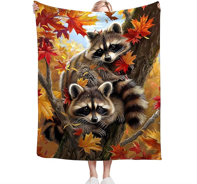 Raccoon Blanket Funny Raccoons Gifts for Girls Boys Woman Kids Raccoon Lover Maple Leaf Throw Blankets Soft Blanket Warm Fleece Flannel Plush Blankets for Bed Sofa Couch 60"x80"