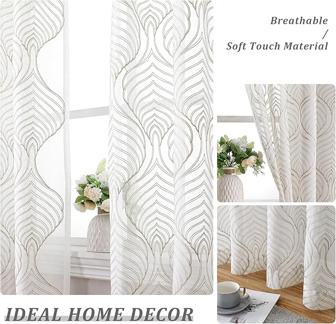 VISIONTEX Sheer Curtains 63 Inch Length 2 Panels Set Taupe Moroccan Embroidery Texture Geometric Rod Pocket Ivory White Voile Tulle Semi Window Treatment Pair for Bedroom Living Room 54 x 63 Inches