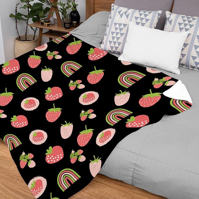 Thuswarm Cute Pink Strawberry Rainbow Flannel Throw Blanket Warm Cozy Soft Funny Print Blankets for Bed Couch Sofa Room Decoration Gifts 60"×50" Medium for Teen