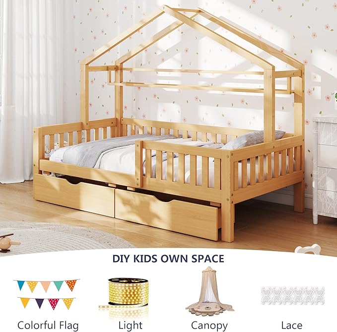 Aoowow Full Size House Bed with Storage Drawers and Shelf, Kids Twin Bed Frame Wooden Platform Bed with Guardrails and Slats for Boys Girls Teens for Bedroom(Natural)