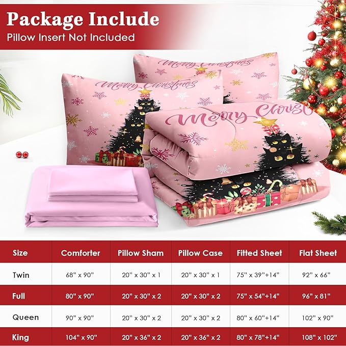 7 Pcs Queen Size Christmas Comforter Set with 2 Pillowcases & 2 Shams, Black Cat Xmas Trees Bedding for Kids and Adults, Pink Snowflakes Bed in a Bag with Flat Fitted Sheet