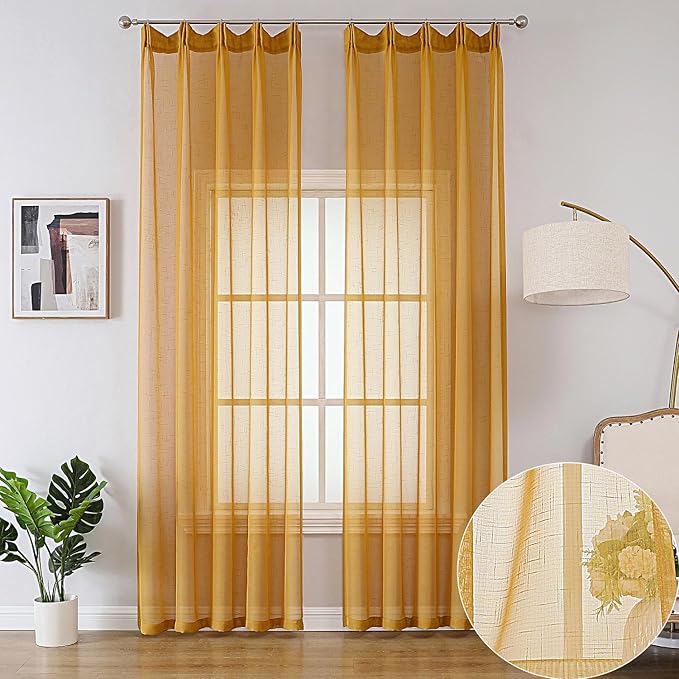 Mustard Gold Linen Look Sheer Curtains 102 Inches Long 2 Panels, Rustic Textured Light Filtering Drapes, Vintage Yellow Window Decor, Floor to Ceiling Pinch Pleat Curtain with Hooks